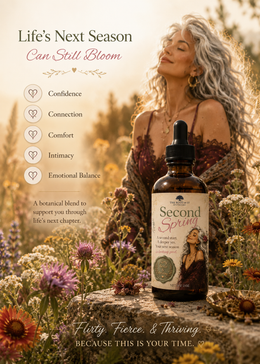 A bottle of Second Spring herbal tincture is displayed in a field of wildflowers, with a woman with long gray hair in a confident bohemian outfit in the background. Text overlays on the left list benefits: Confidence, Connection, Comfort, Intimacy, and Emotional Balance.