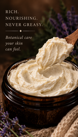 Creamy off-white skincare cream swirled in a dark amber jar with a wooden spoon lifting some of the product, set against a warm brown background with lavender sprigs and promotional text.
