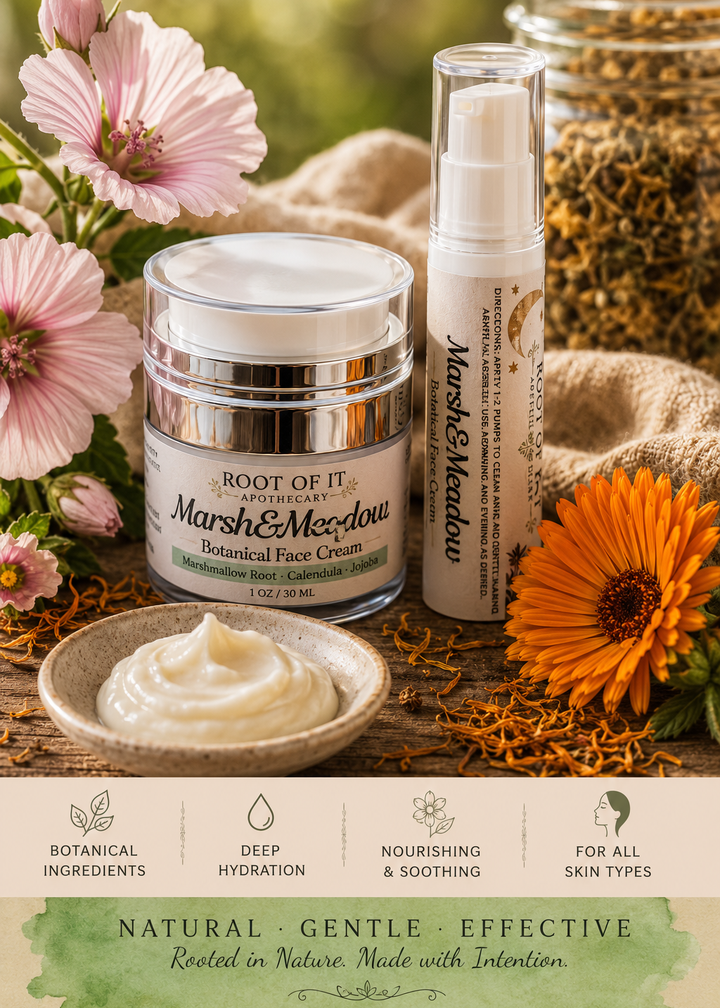 Two sizes of the skincare product from Root of It Apothecary, Marsh & Meadows Botanical Face Cream, styled with natural ingredients, flowers, and burlap on a green outdoor background. A banner at the bottom highlights key product benefits.