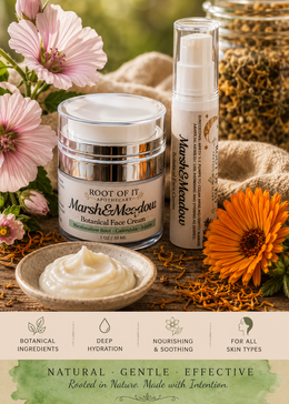 Two sizes of the skincare product from Root of It Apothecary, Marsh & Meadows Botanical Face Cream, styled with natural ingredients, flowers, and burlap on a green outdoor background. A banner at the bottom highlights key product benefits.