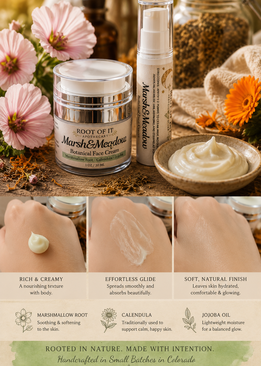 Root of It Cosmetics Marsh & Meadow Botanical Face Cream shown in a jar and pump bottle, with a dollop of cream on a dish and three close-up skin texture panels below, surrounded by flowers and natural props.