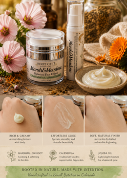 Root of It Cosmetics Marsh & Meadow Botanical Face Cream shown in a jar and pump bottle, with a dollop of cream on a dish and three close-up skin texture panels below, surrounded by flowers and natural props.