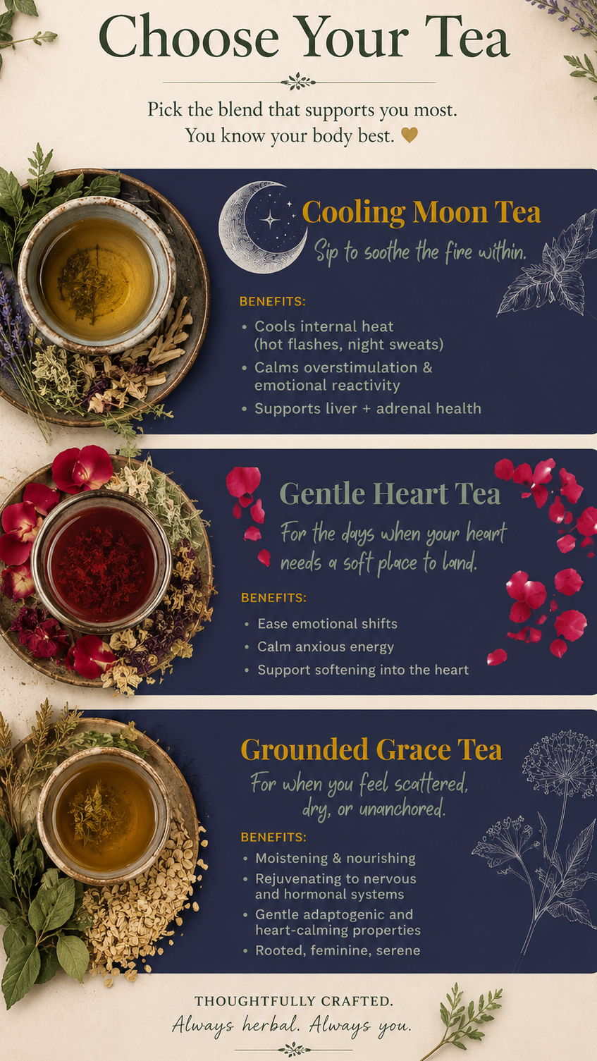 An informational tea selection graphic titled 'Choose Your Tea' from The Root of It Apothecary, showing three tea panels: Cooling Moon Tea, Gentle Heart Tea, and Grounded Grace Tea, each with tea cups, herbs, flowers, and descriptive text on a cream background.