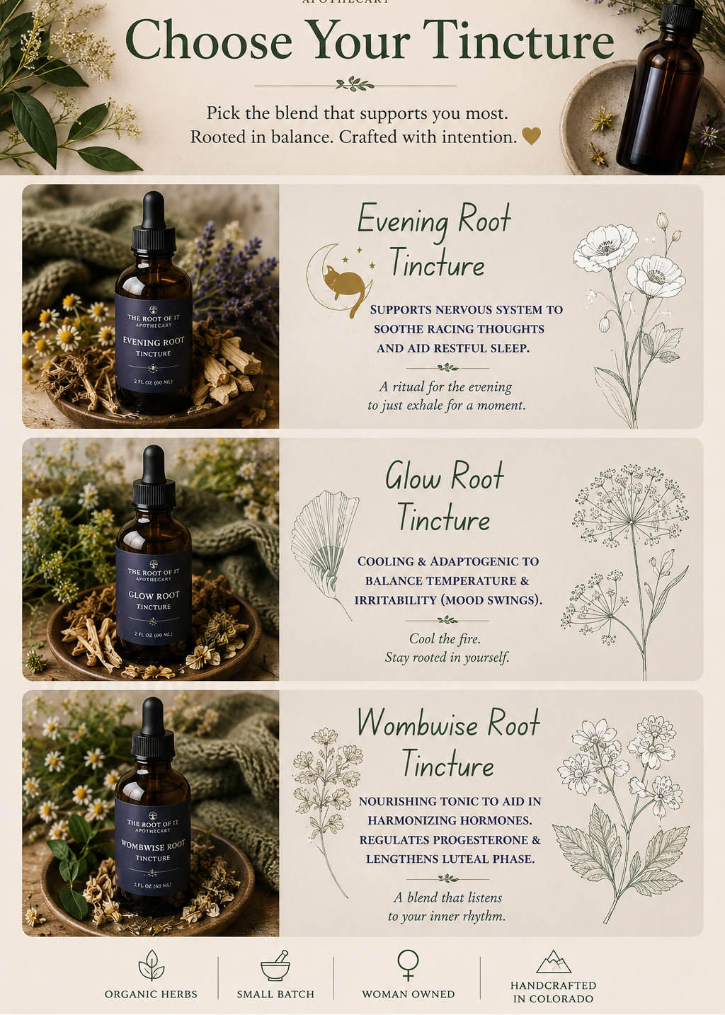 A promotional infographic for 'The Root of It Apothecary' featuring four different tinctures: Evening Root, Glow Root, Wombuse Root, and Organic Root. The design has a warm beige background with botanical illustrations, dark brown herbal ingredients, and dark amber glass dropper bottles.