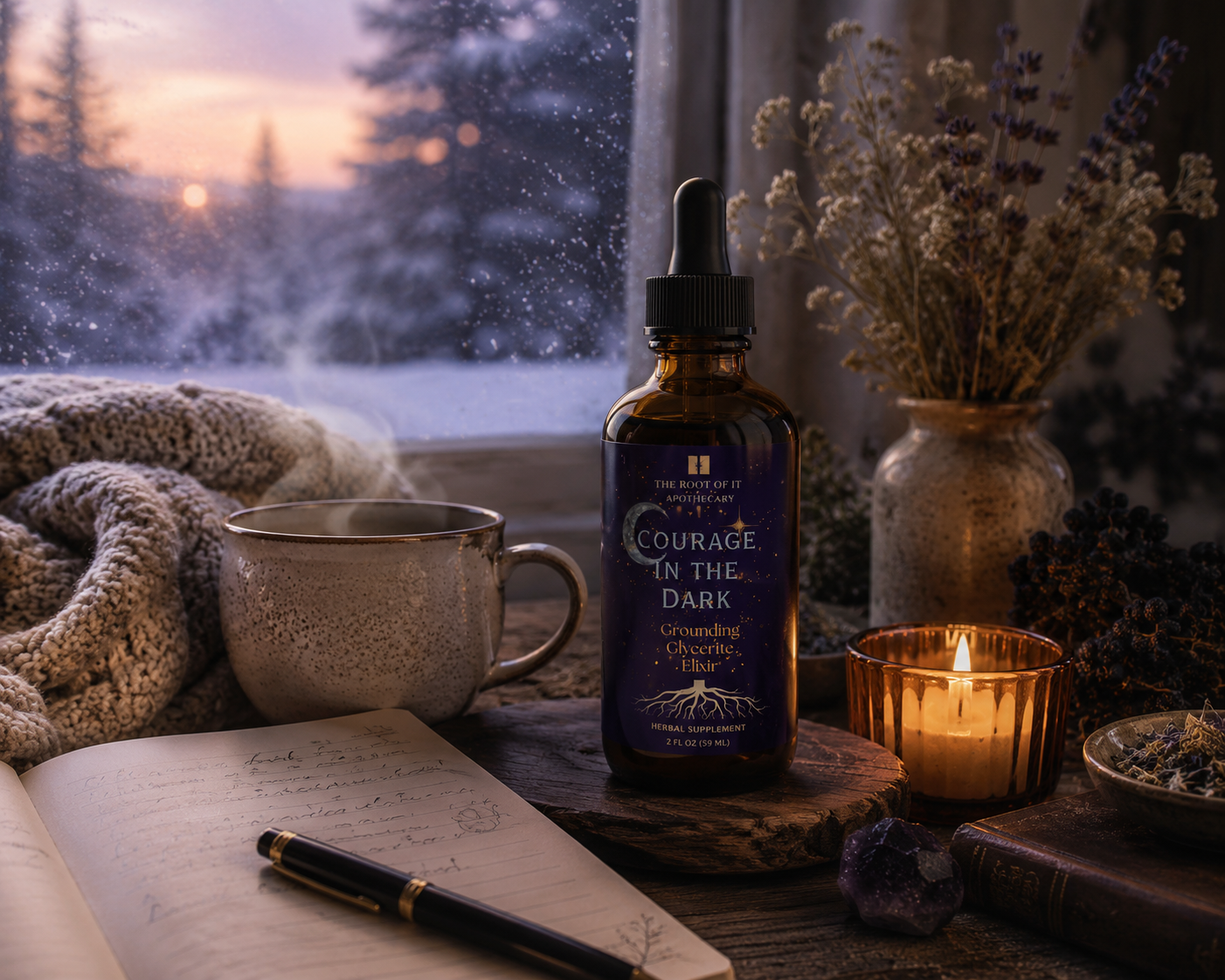 An amber glass dropper bottle labeled 'Courage in the Dark' by The Root of It Apothecary sits on a rustic wooden surface by a window. The scene includes a mug, an open notebook with a pen, a lit candle, dried flowers, and a cozy blanket, with a snowy outdoor view visible in the background.