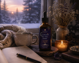 An amber glass dropper bottle labeled 'Courage in the Dark' by The Root of It Apothecary sits on a rustic wooden surface by a window. The scene includes a mug, an open notebook with a pen, a lit candle, dried flowers, and a cozy blanket, with a snowy outdoor view visible in the background.