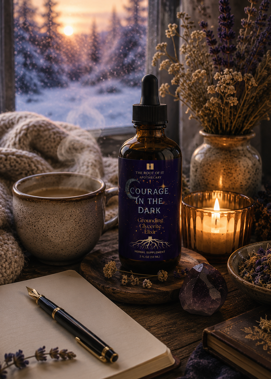 A dark amber glass dropper bottle labeled 'Courage in the Dark' stands on a wooden surface by a window, styled with a mug, candle, dried flowers, a notebook, and a pen in a cozy indoor setting.