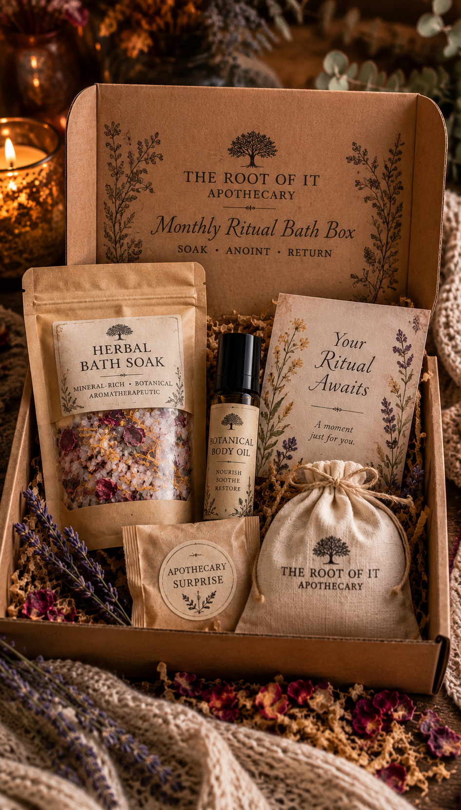 Monthly Ritual Bath Box Subscription: Herbal Soak, Body Oil & Card Set