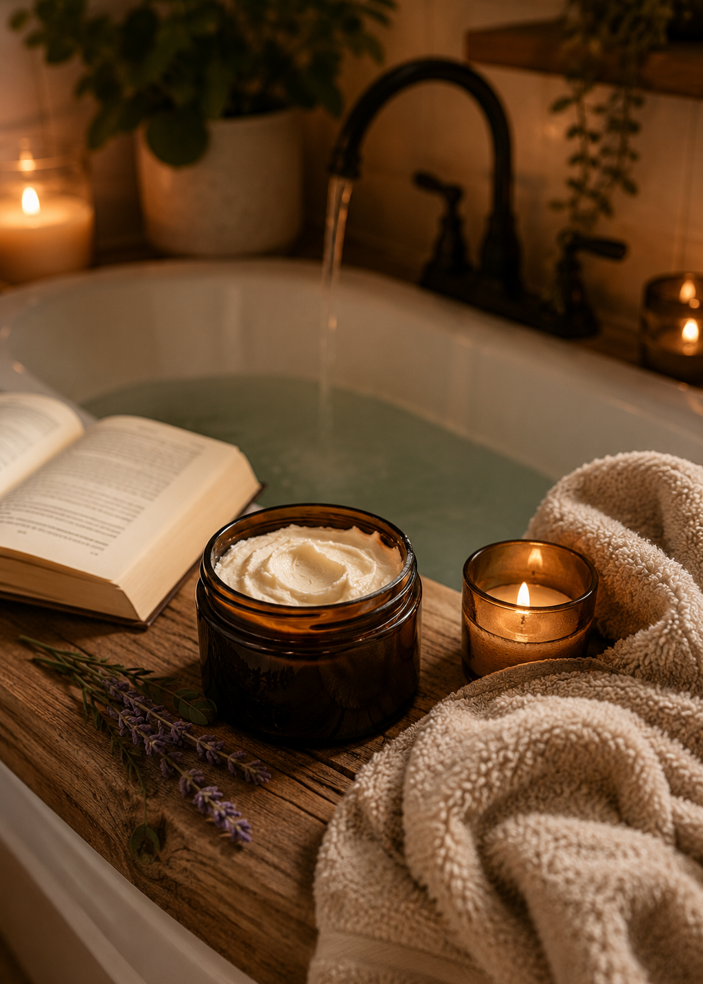 A cozy home spa scene by a bathtub with running water, candles, a towel, and an open jar of whipped cream or body butter on a wooden ledge beside an open book and lavender sprigs.