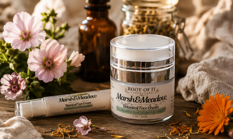 Marsh & Meadow Botanical Face Cream jar and tube displayed on a rustic wooden surface with pink flowers, amber bottles, and a beige cloth in the background.