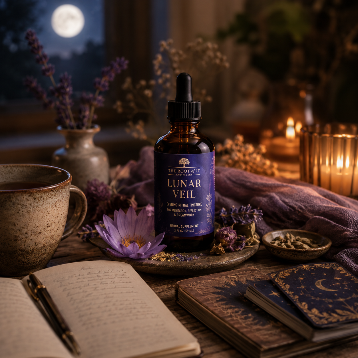 An amber glass dropper bottle labeled 'The Moonlit Apothecary Lunar Veil' stands on a rustic table surrounded by candles, dried flowers, a mug, and open books in a warm, atmospheric setting.