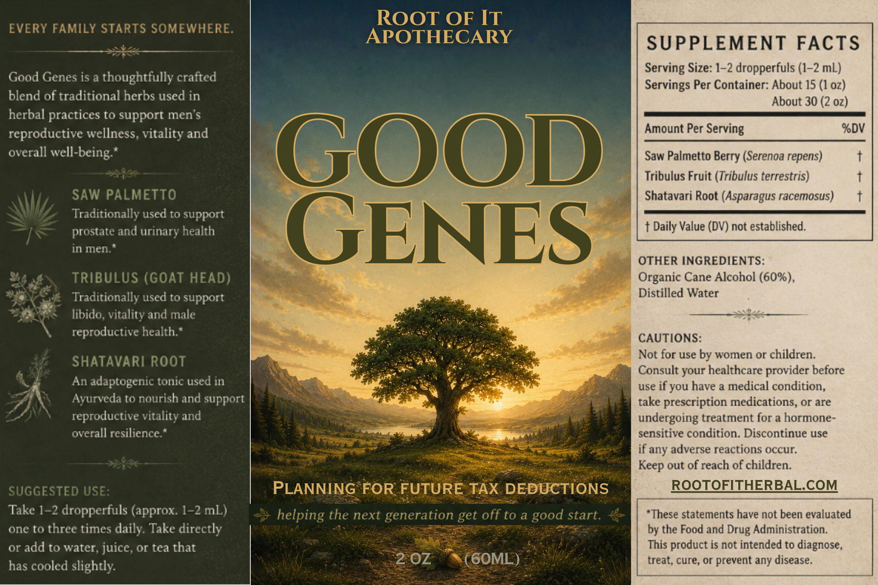 Back label of a 2 oz bottle of 'Good Genes' herbal supplement by Root of It Apothecary, featuring a golden-yellow background with a tree silhouette and black text detailing ingredients, usage, and supplement facts.