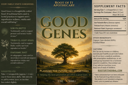 Back label of a 2 oz bottle of 'Good Genes' herbal supplement by Root of It Apothecary, featuring a golden-yellow background with a tree silhouette and black text detailing ingredients, usage, and supplement facts.