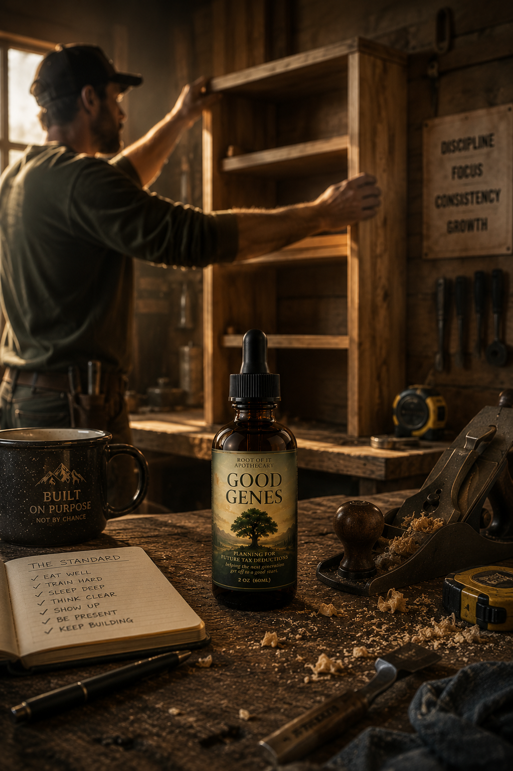 A bottle of Good Genes tincture sits on a rustic workbench in a woodworking shop, with a man assembling a wooden cabinet in the background.