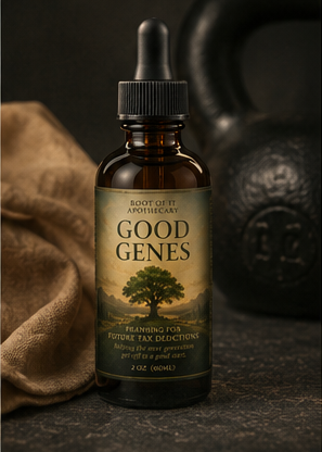 A 2 oz amber glass dropper bottle of Good Genes Apothecary tincture, styled on a dark textured surface with a rustic beige cloth and a dark kettle bell in the background.