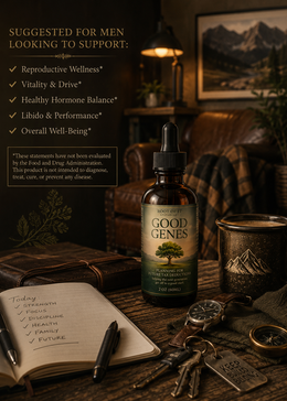 A bottle of Good Genes tincture displayed on a rustic wooden table with a notebook, keys, and a mug in a cozy, dimly lit room. Text on the left lists benefits for men.