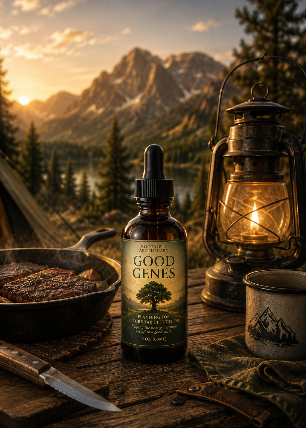 A bottle of Good Genes tincture is displayed on a rustic wooden table in a camping setting, surrounded by a lantern, a mug, a skillet with food, and a knife, with a mountain landscape in the background.