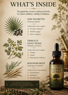 A product information graphic for a herbal tincture bottle labeled 'GOOD GENES' by Root of It Apothecary. The design features a beige parchment-style background with illustrations of saw palmetto, tribulus, and shatavari root herbs, alongside the dark amber dropper bottle on a rustic wooden surface with dried herbs.