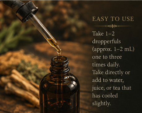 Amber glass dropper bottle with a glass dropper dispensing golden liquid, set against a warm blurred natural background with text on the right reading 'EASY TO USE' and usage instructions.