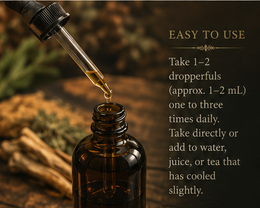 Amber glass dropper bottle with a glass dropper dispensing golden liquid, set against a warm blurred natural background with text on the right reading 'EASY TO USE' and usage instructions.