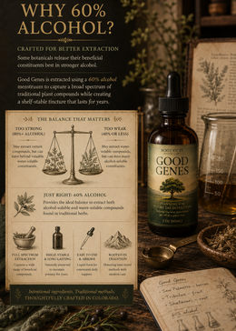 A bottle of Good Genes tincture displayed on a rustic wooden surface next to an informational poster about 60% alcohol extraction, with a glass jar and dried herbs in the background.
