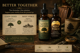 Two dropper bottles of herbal supplements labeled Good Genes and Root Force, displayed alongside informational cards and a ceramic mug on a rustic wooden surface with a leather bag in the background.