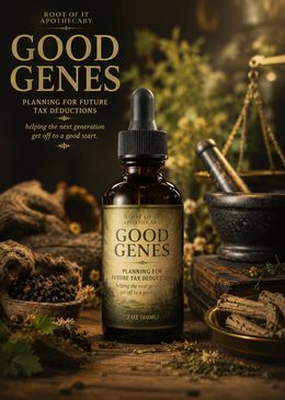 A 2 oz amber glass dropper bottle of Good Genes tincture from The Root of It Apothecary, styled on a rustic wooden table with herbs, a mortar and pestle, and scales of justice in a warm, dark, vintage aesthetic.