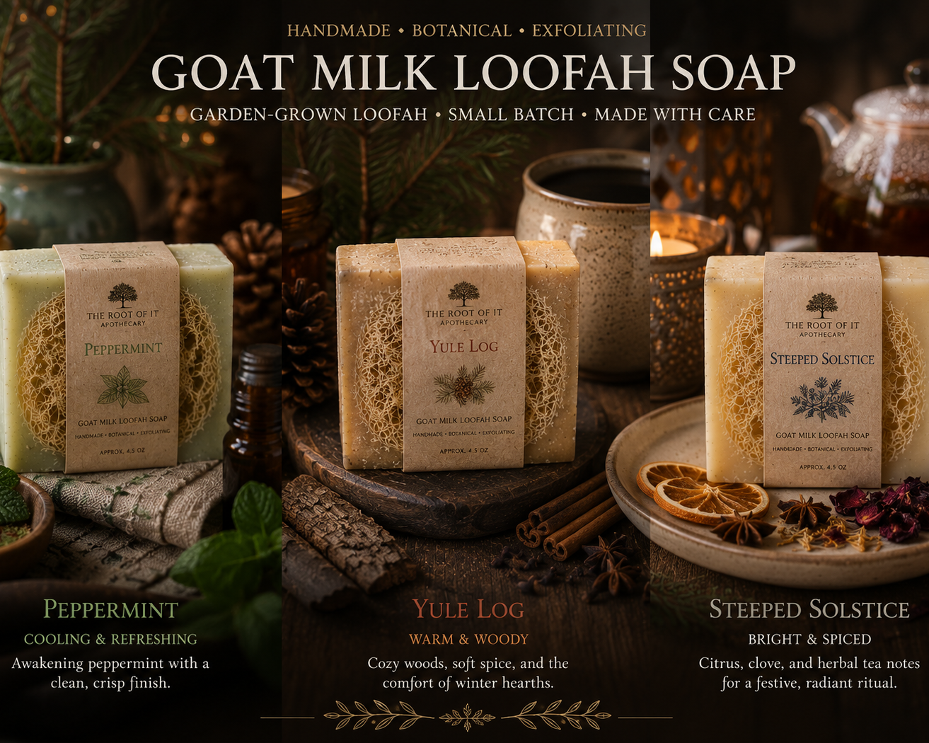 Three bars of goat milk loofah soap by The Root of It Apothecary are displayed in a cozy, rustic holiday setting with candles, pinecones, and tea accessories. The soaps are labeled Peppermint, Yule Log, and Steeped Solstice, with descriptive text overlays at the bottom.