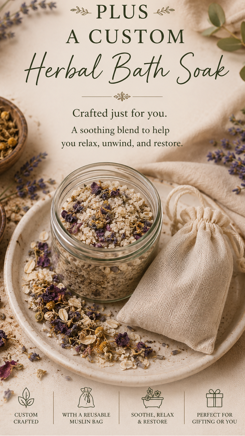 A styled product listing graphic for a custom herbal bath soak. A small glass jar filled with dried botanicals sits on a round tray next to a beige drawstring pouch, surrounded by lavender sprigs, loose herbs, and soft fabric.