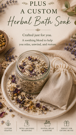 A styled product listing graphic for a custom herbal bath soak. A small glass jar filled with dried botanicals sits on a round tray next to a beige drawstring pouch, surrounded by lavender sprigs, loose herbs, and soft fabric.