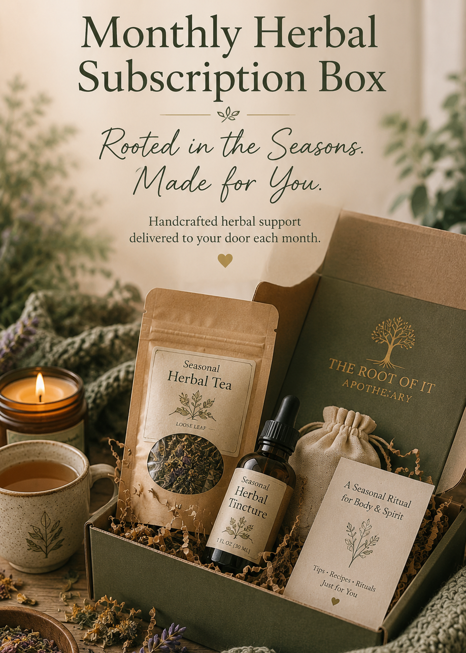 A monthly herbal subscription box set displayed in a styled scene with a mug of tea, candle, dried flowers, and knitted blankets. The box contains a tea packet, a small herbal bottle, a drawstring pouch, and a branded box labeled 'The Root of It Apothecary'.