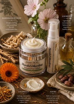 A styled skincare product arrangement on a rustic wooden surface featuring a jar of Marshmallow Root Botanical Face Cream, a matching pump bottle, and a small glass bottle of oil, surrounded by flowers, dried herbs, and cocoa beans. Product labels are visible and the scene is lit with warm natural light.