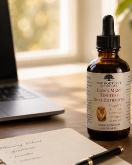 An amber glass dropper bottle of The Root of It Apothecary's Organic Lion's Mane Tincture sits on a wooden desk next to a speckled ceramic mug, notebook, pen, laptop, and books in a warm, natural setting.