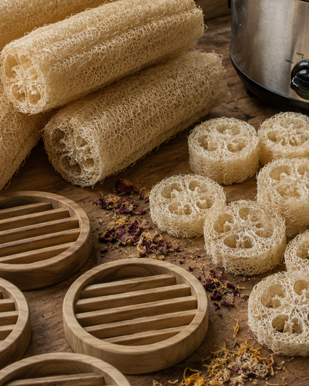 Natural loofah sponge and wooden bath strainers arranged on a rustic wooden surface with dried flower petals and a metal pot in the background.