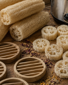 Natural loofah sponge and wooden bath strainers arranged on a rustic wooden surface with dried flower petals and a metal pot in the background.