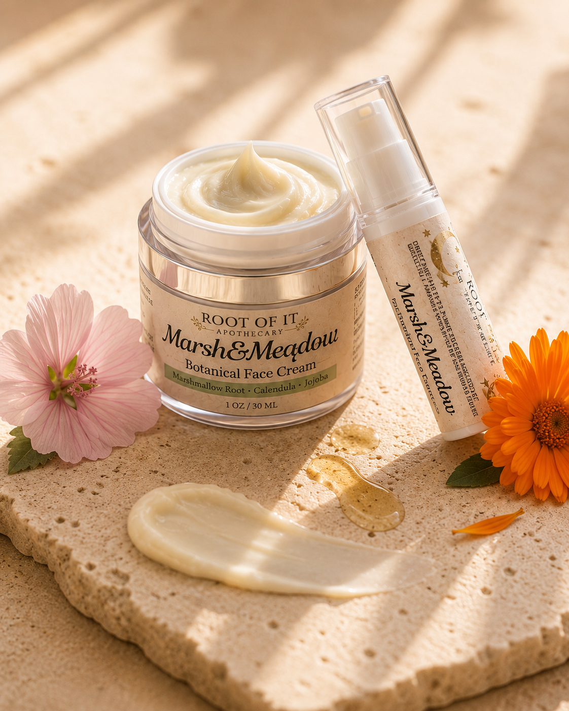 A jar of Root of It Apothecary's Marsh & Meadow Botanical Face Cream and a matching pump bottle, styled on a textured stone slab with a smear of cream, flowers, and warm sunlight.