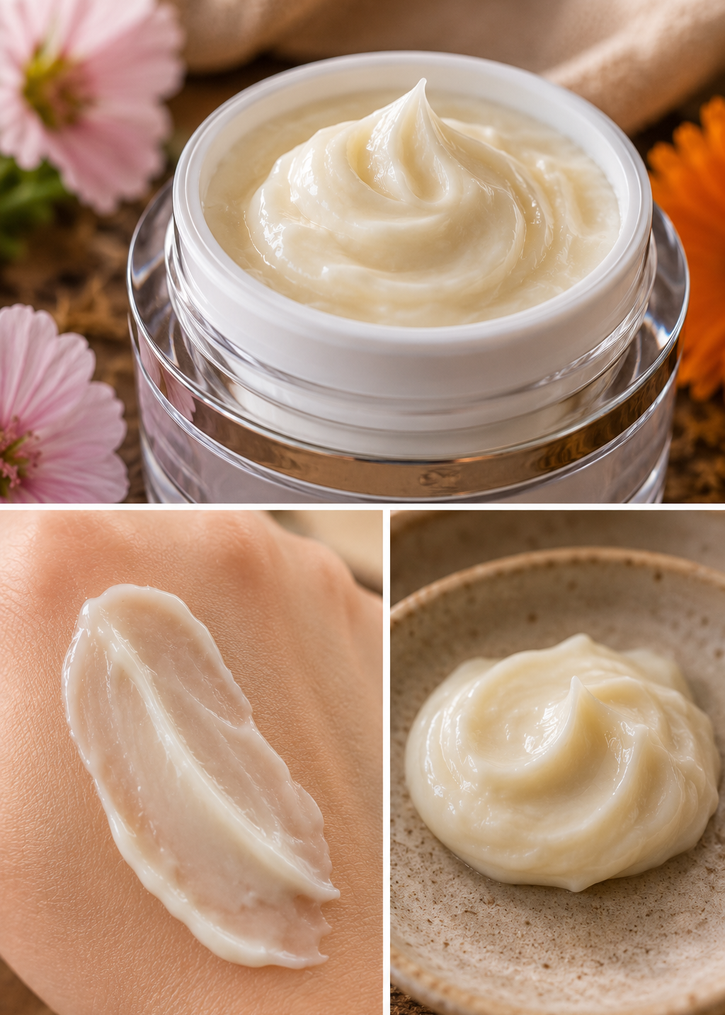 Three-panel collage showing a creamy off-white cosmetic cream jar, a smear of the cream on skin, and a dollop of the cream on a speckled plate, with flowers and fabric in the background.