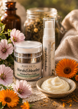 A styled product shot of Root of It Apothecary's Marsh & Meadows Botanical Face Cream, showing the jar, pump bottle, and a small bowl of cream surrounded by pink and orange flowers.