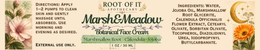 Root of It Apothecary Marsh & Meadow Botanical Face Cream label, featuring a cream-colored label with green and gold text, flanked by illustrations of a horse and a green leafy design.
