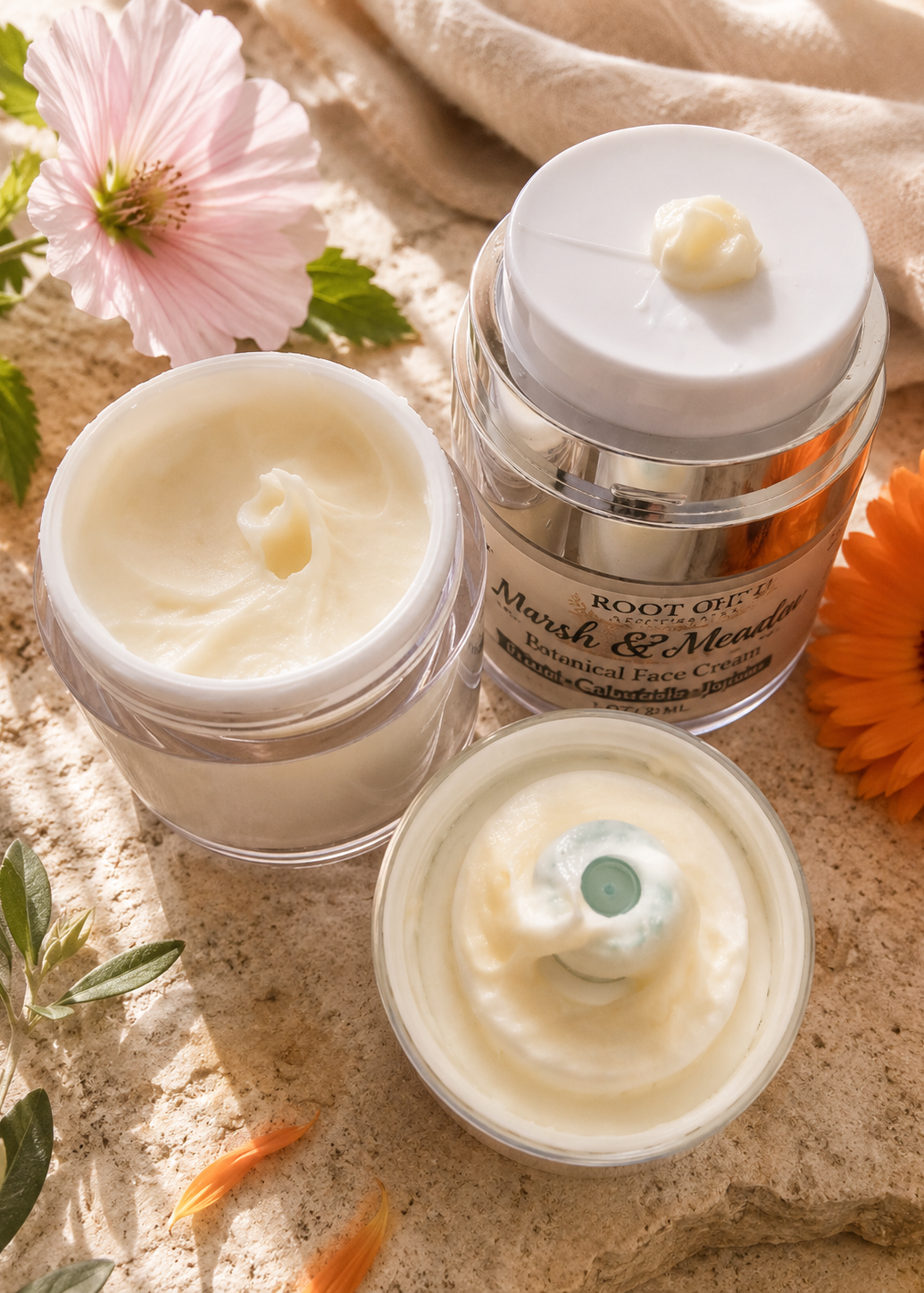 Three jars of Root of It Apothecary's Marsh & Mossel botanical face cream arranged on a textured stone surface with flowers and a beige cloth. One jar is open showing the creamy product, and two more jars are closed, one of which is tilted to show the label.