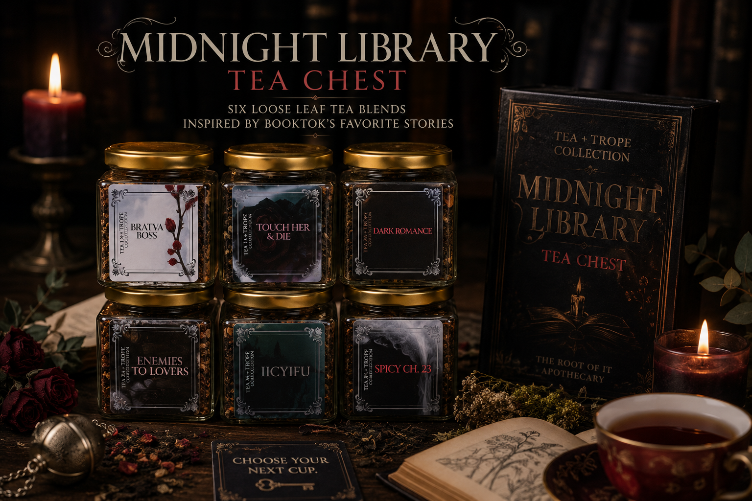 The Midnight Library Tea Chest. Six handcrafted loose-leaf teas inspired by BookTok's favorite dark romances.