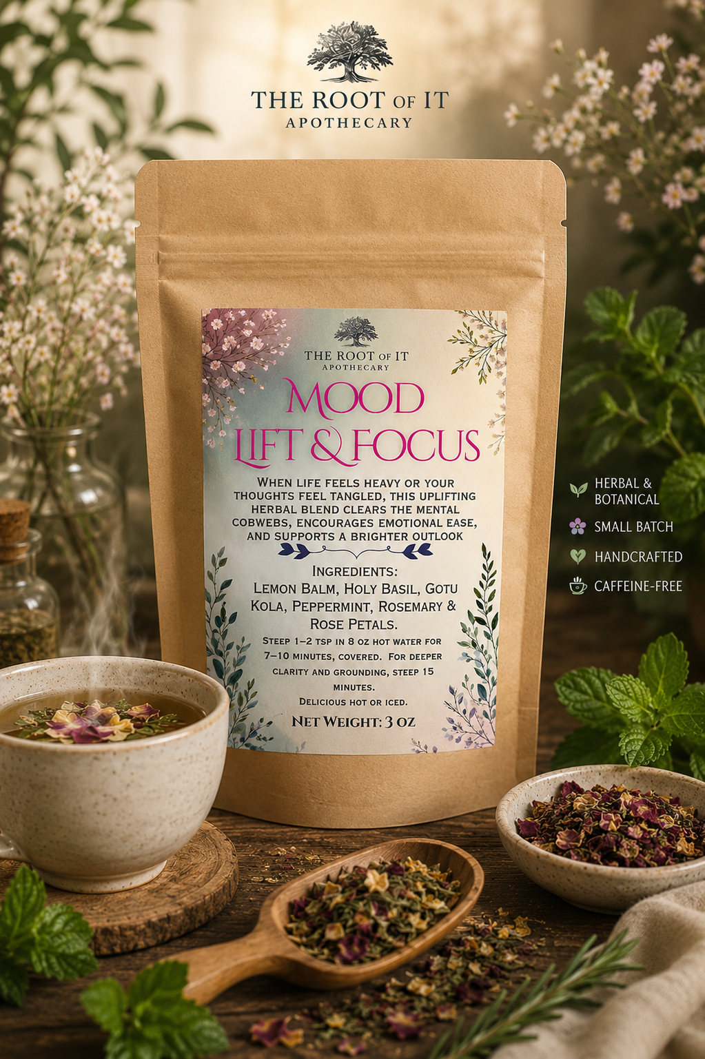 Mood Lift & Focus Herbal Tea: Caffeine-Free Focus, Clarity & Study Blend