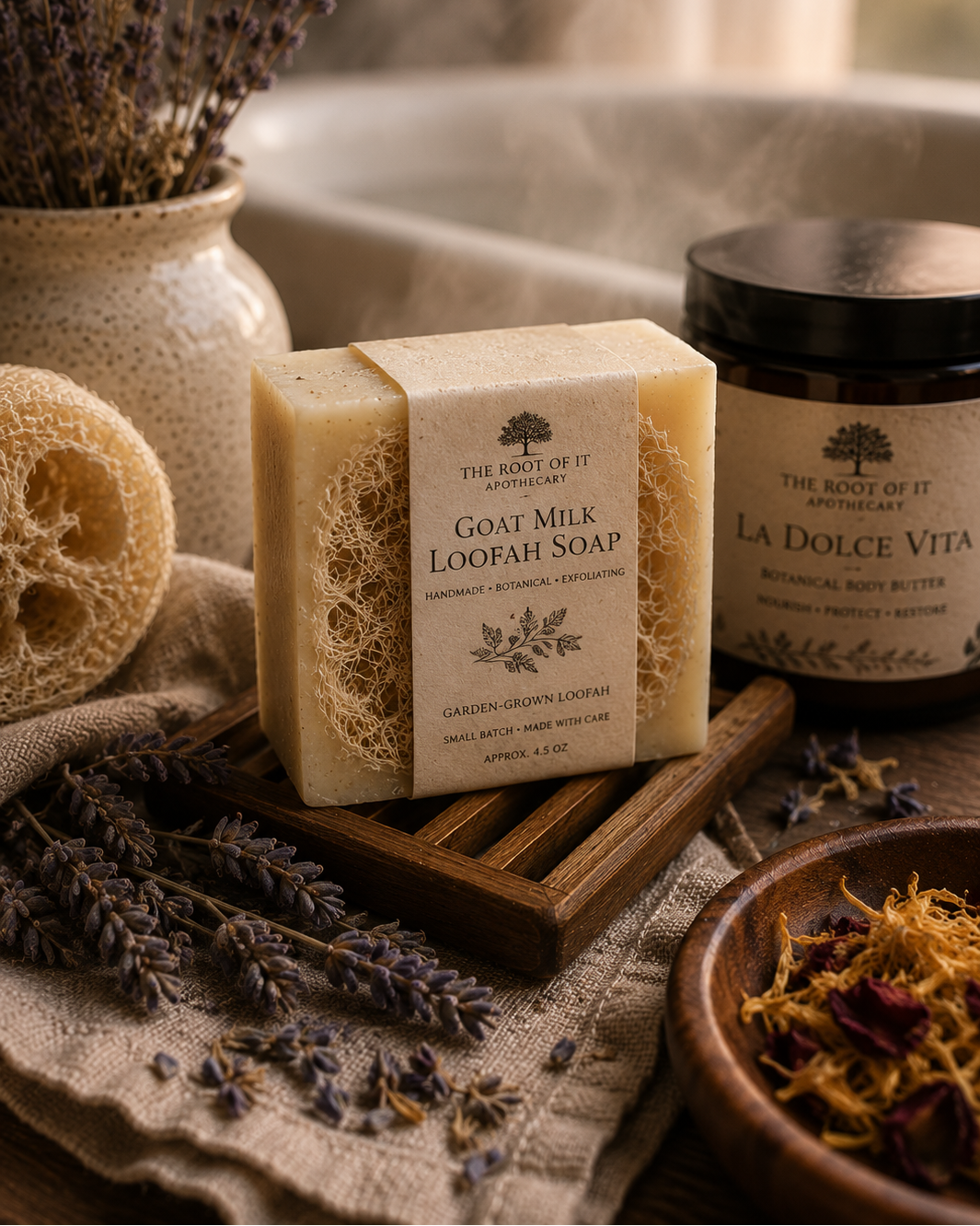 A styled product shot featuring a bar of Goat Milk Loofah Soap and a jar of La Dolce Vita botanical bath salts from The Root of It Organic Farm, arranged on a wooden tray with dried lavender, a sponge, and a bowl of botanicals.