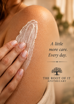 Close-up of a person applying the whipped body butter onto their shoulder and it soaks in almost instantly, with text on the right reading 'A little more care. Every day.