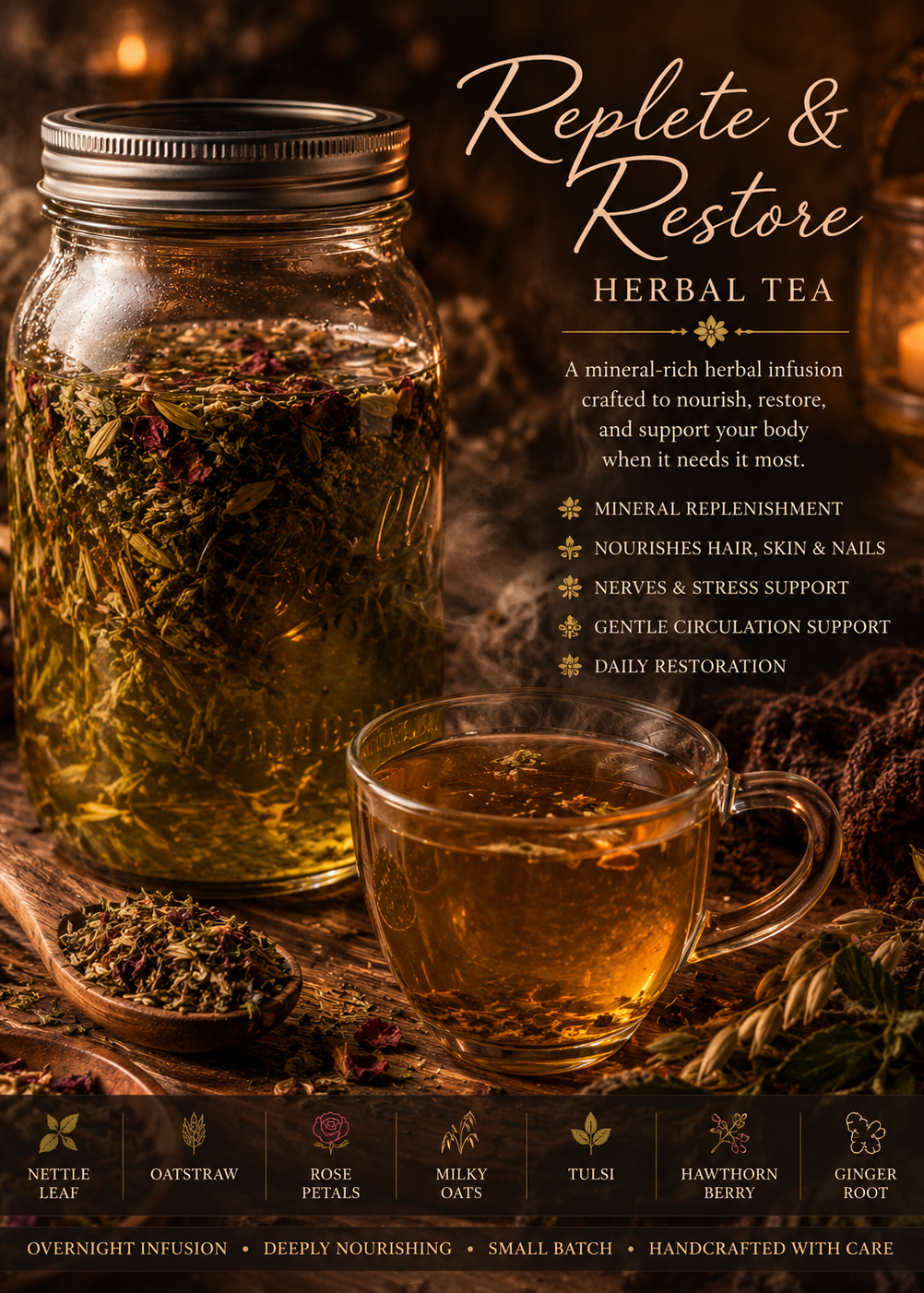 Replete & Restore Herbal Tea advertisement featuring a large glass jar filled with steeping green herbs and a clear glass teacup filled with amber tea, set on a rustic surface with dried botanicals and warm candlelight in the background.
