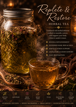 Replete & Restore Herbal Tea advertisement featuring a large glass jar filled with steeping green herbs and a clear glass teacup filled with amber tea, set on a rustic surface with dried botanicals and warm candlelight in the background.