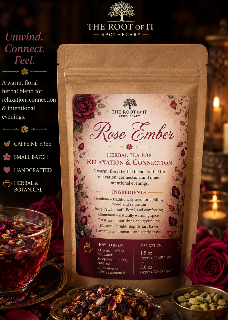 Rose Ember: Damiana Herbal Tea for Relaxation, Sensual Connection & Cozy Evenings