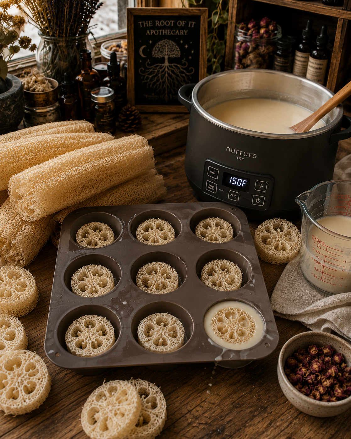 A dark nonstick tin with circular cavities, shown filled with natural loofah slices and surrounded by loofah gourds, a pot of milk, a measuring cup, and a small bowl of dried botanicals on a rustic wooden table. 