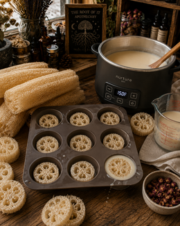 A dark nonstick tin with circular cavities, shown filled with natural loofah slices and surrounded by loofah gourds, a pot of milk, a measuring cup, and a small bowl of dried botanicals on a rustic wooden table. 