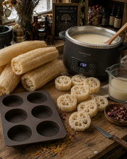 A rustic apothecary-style setup on a wooden table with a black Nurture cast-iron pot containing pale cream-colored goat milk soap, surrounded by natural loofah sponges, a dark silicone mold, a glass pitcher of the same liquid, dried botanicals, and shelves of bottles and jars in the background.